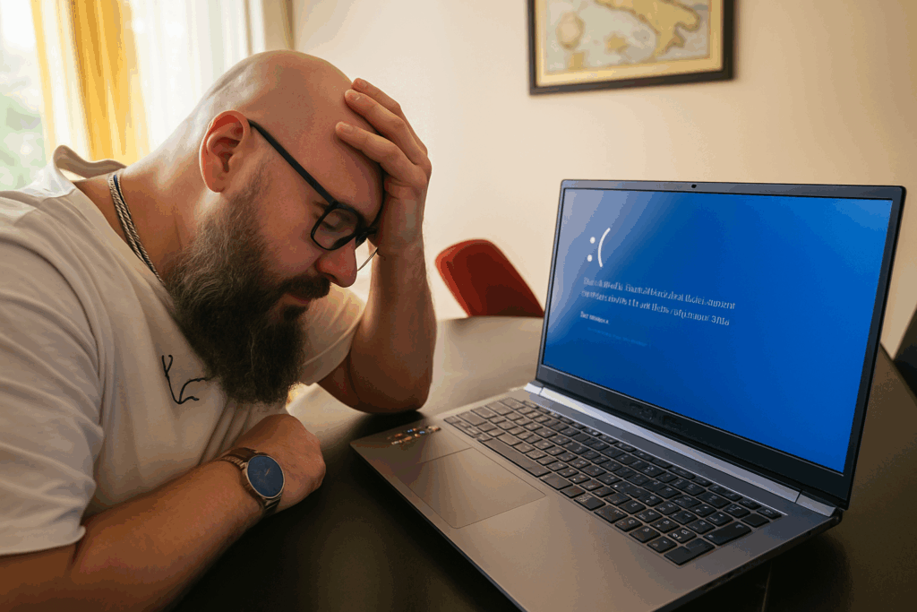 IT-Lösungen, die einfach funktionieren 1 Frustrierter Mann mit Blue-Screen-Fehler auf Laptop – professionelle IT-Lösungen von Pos-IT e.U.
