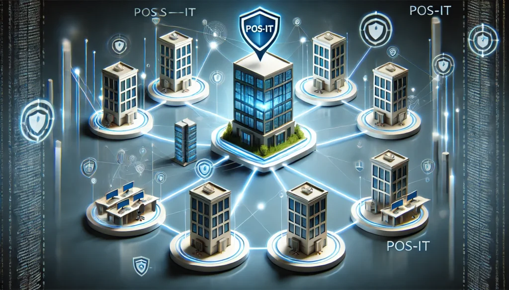 DALL·E 2024-12-08 12.59.18 - A conceptual illustration showing multiple companies connected in a network, represented by sleek office buildings interconnected by glowing lines of Netzwerkstruktur moderner Unternehmen mit zentral geschütztem Mailserver auf basis durch Mailcow durch Pos-IT e.U.