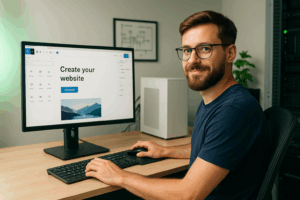 Professionelle WordPress-Webseite mit Pos-IT e.U. IT-Experte erstellt eine moderne Website mit intuitiver Benutzeroberfläche auf einem großen Bildschirm.