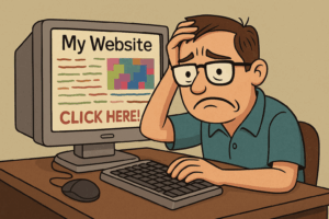 Veraltete Website – Zeit für ein Upgrade Kunde sitzt enttäuscht vor einem alten PC mit unübersichtlicher, veralteter Website.